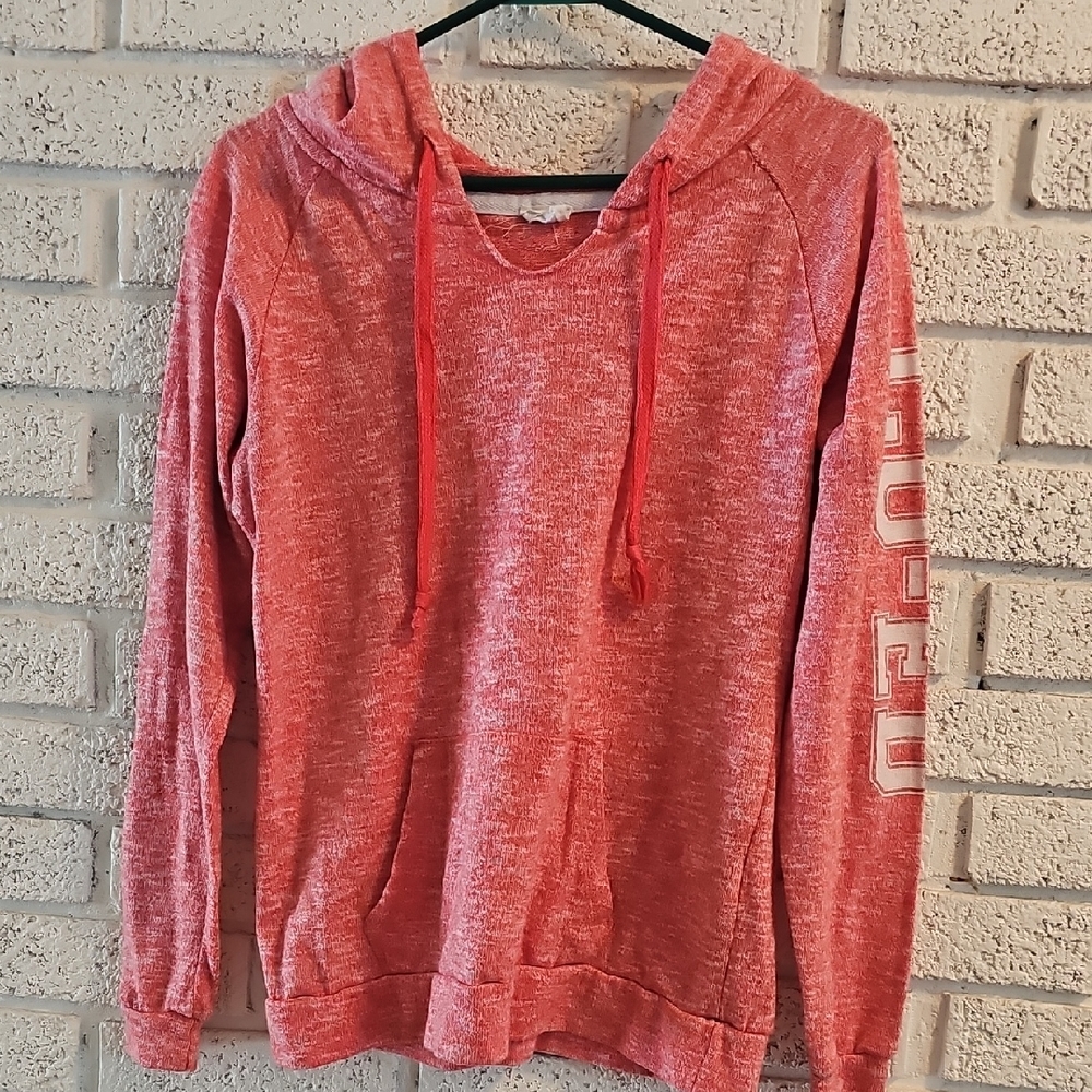 Cozy Coral Hoodie with Graphic Sleeve